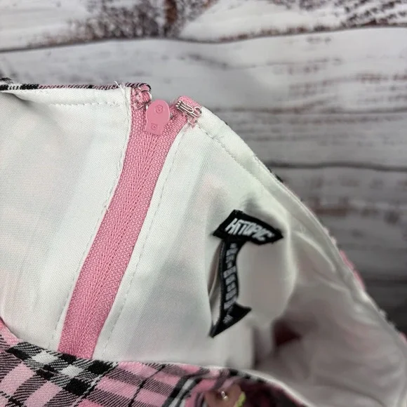 Y2K Hot Topic Baby Pink Strawberry Button Lace Detail Pink Plaid Mini Skirt SM - Picture 6 of 8